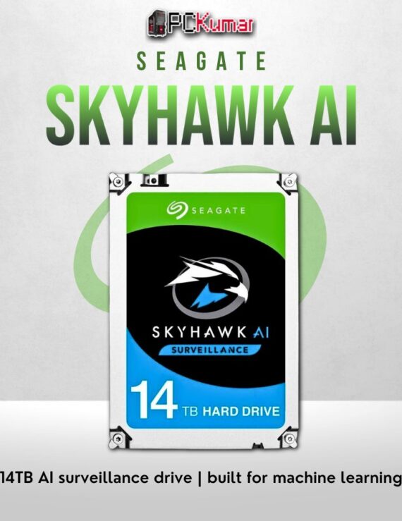 Seagate SkyHawk AI 14TB HDD optimized for AI-driven video analytics and surveillance.