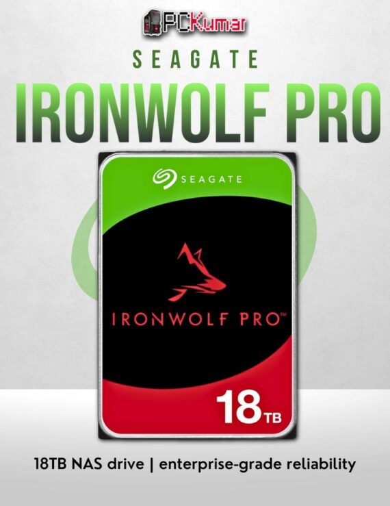 Seagate IronWolf Pro 18TB NAS HDD with RAID optimization and 24/7 reliability.