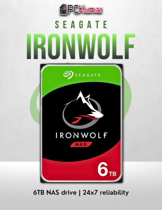 Seagate IronWolf 6TB NAS HDD with vibration protection and 24/7 durability.