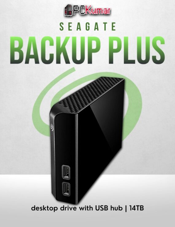 Seagate Backup Plus Hub 14TB external desktop drive with USB 3.0 and built-in hub.
