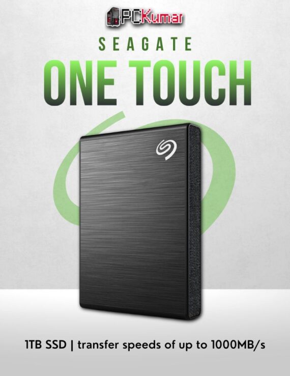 Seagate One Touch 1TB SSD in black with fast transfer speeds and compact design.