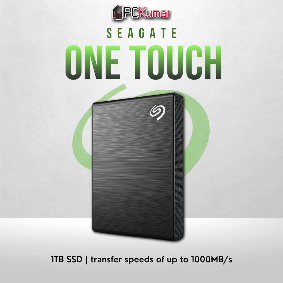 Seagate One Touch 1TB SSD in black with fast transfer speeds and compact design.