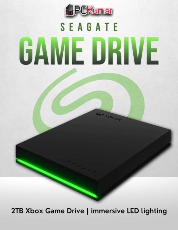 Seagate Game Drive 2TB HDD for Xbox with LED lighting and fast USB 3.0 connectivity.