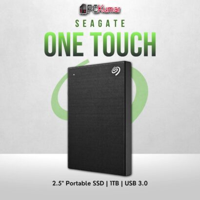 Seagate 1TB One Touch HDD in black with USB 3.0 and a portable design.