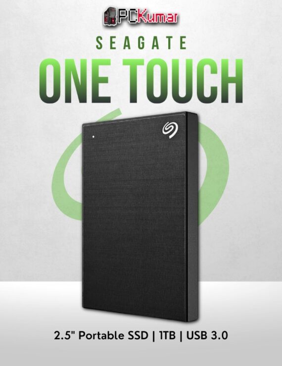 Seagate 1TB One Touch HDD in black with USB 3.0 and a portable design.