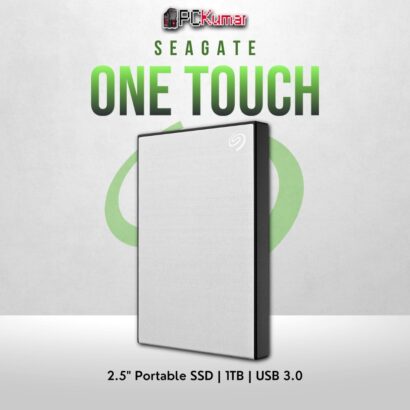 Seagate 1TB One Touch HDD in light silver with USB 3.0 and portable design.