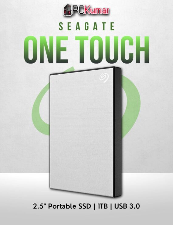 Seagate 1TB One Touch HDD in light silver with USB 3.0 and portable design.