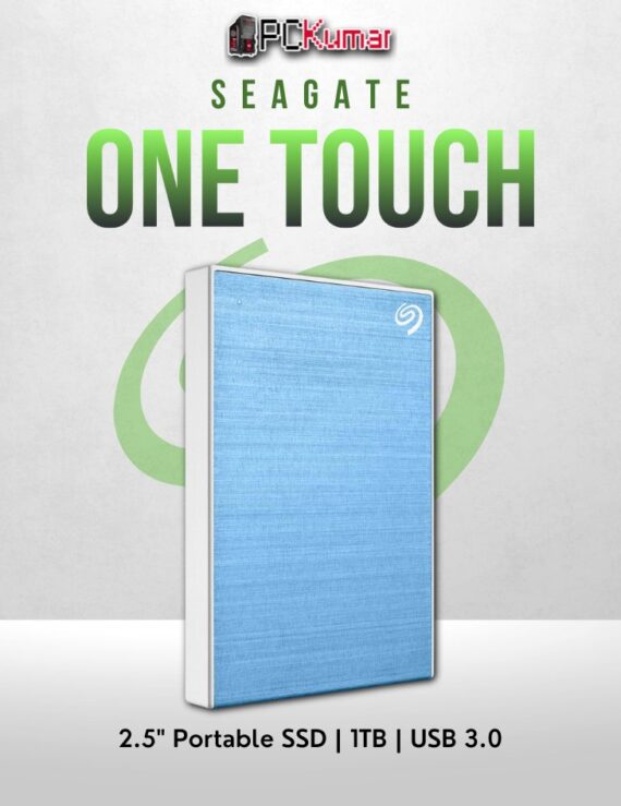 Seagate 1TB One Touch HDD in light blue with USB 3.0 and vibrant design.