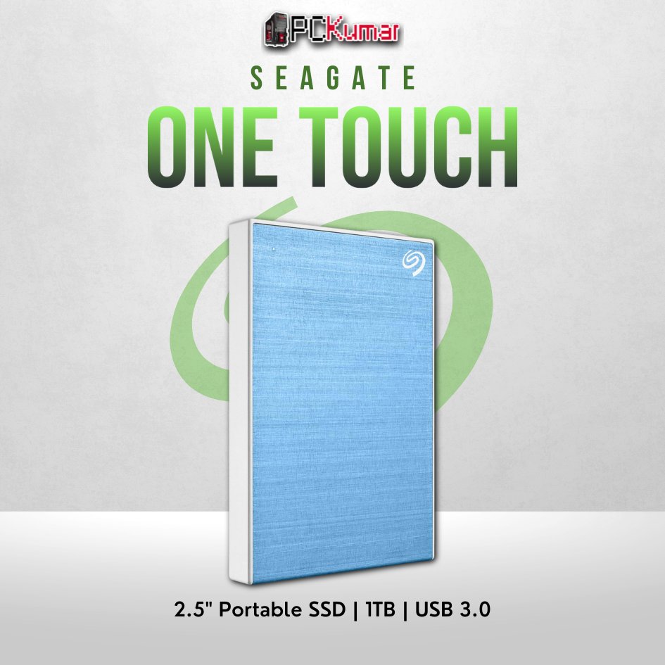 Seagate 1TB One Touch HDD in light blue with USB 3.0 and vibrant design.