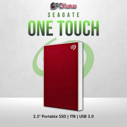 Seagate 1TB One Touch HDD in red with USB 3.0 and slim, portable design.