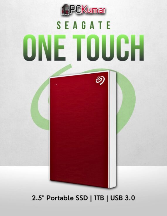 Seagate 1TB One Touch HDD in red with USB 3.0 and slim, portable design.