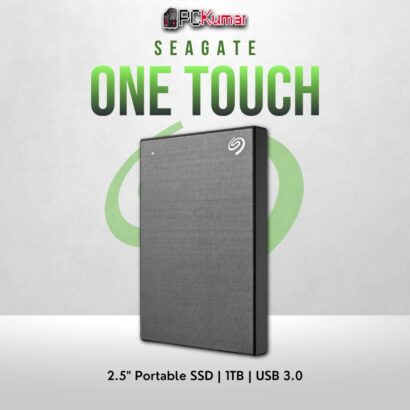 Seagate 1TB One Touch HDD in space grey with USB 3.0 and sleek design.