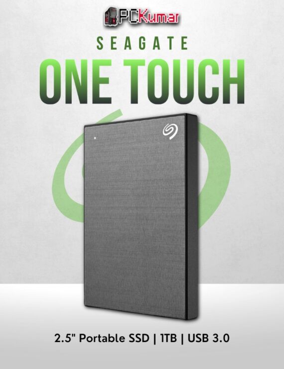 Seagate 1TB One Touch HDD in space grey with USB 3.0 and sleek design.