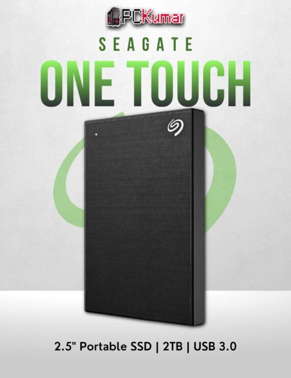Seagate 2TB One Touch HDD in black with USB 3.0 and portable design for backups.