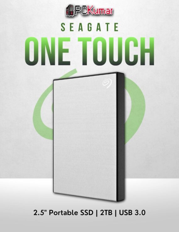 Seagate 2TB One Touch HDD in light silver with USB 3.0 and sleek design.