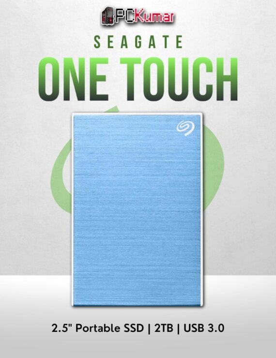 Seagate 2TB One Touch HDD in light blue with USB 3.0 and portable build.