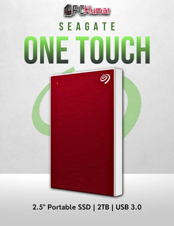 Seagate 2TB One Touch HDD in red with USB 3.0 and stylish design.