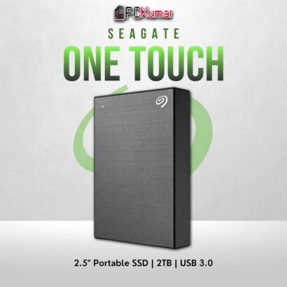 Seagate 2TB One Touch HDD in space grey with USB 3.0 and a sleek finish.