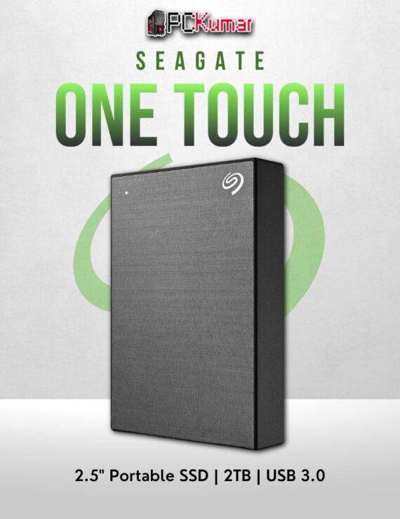 Seagate 2TB One Touch HDD in space grey with USB 3.0 and a sleek finish.