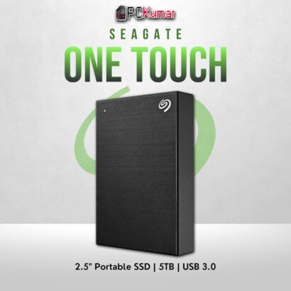 Seagate 5TB One Touch HDD in black with USB 3.0 and compact design.
