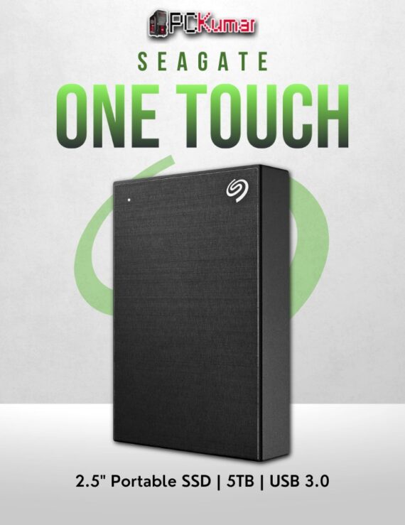 Seagate 5TB One Touch HDD in black with USB 3.0 and compact design.