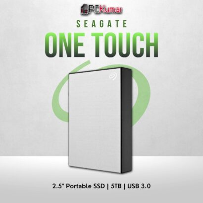 Seagate 5TB One Touch HDD in silver with USB 3.0 and lightweight design.