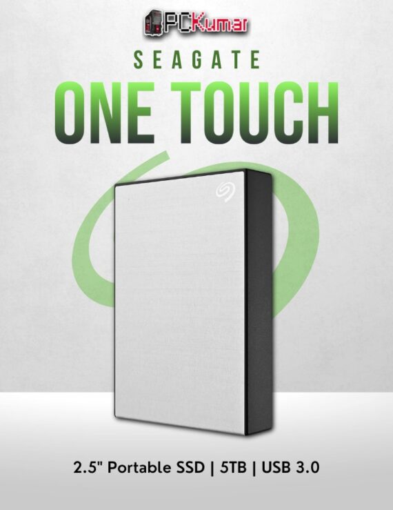 Seagate 5TB One Touch HDD in silver with USB 3.0 and lightweight design.