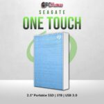 Seagate 5TB One Touch HDD in light blue with USB 3.0 and sleek design.