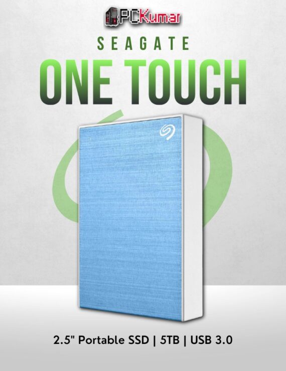 Seagate 5TB One Touch HDD in light blue with USB 3.0 and sleek design.