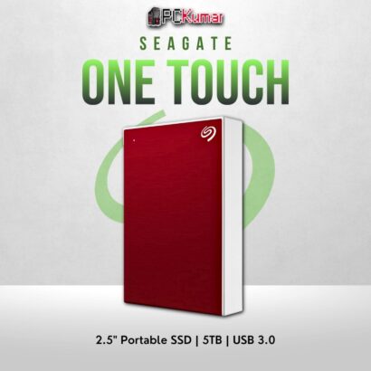 Seagate 5TB One Touch HDD in red with USB 3.0 and portable design.