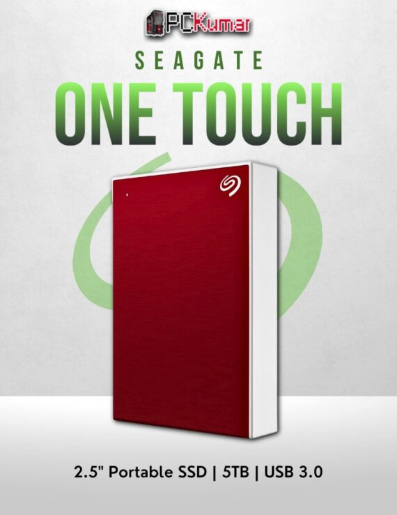 Seagate 5TB One Touch HDD in red with USB 3.0 and portable design.