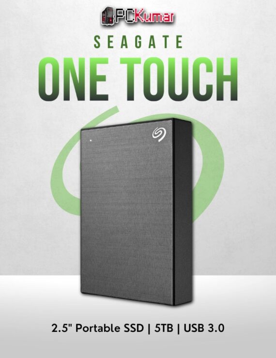 Seagate 5TB One Touch HDD in space grey with USB 3.0 and sleek design.