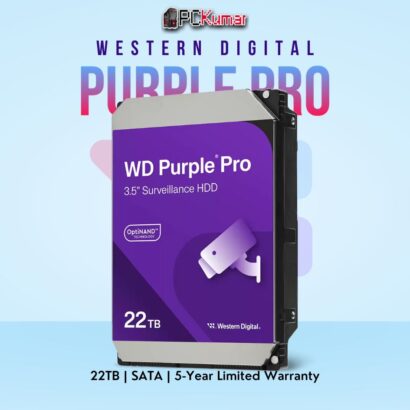 WD Purple Pro 22 TB Surveillance HDD with AI-enabled performance and SATA support.