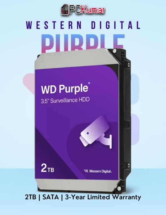 WD Purple 2 TB Surveillance HDD with SATA interface for video recording.