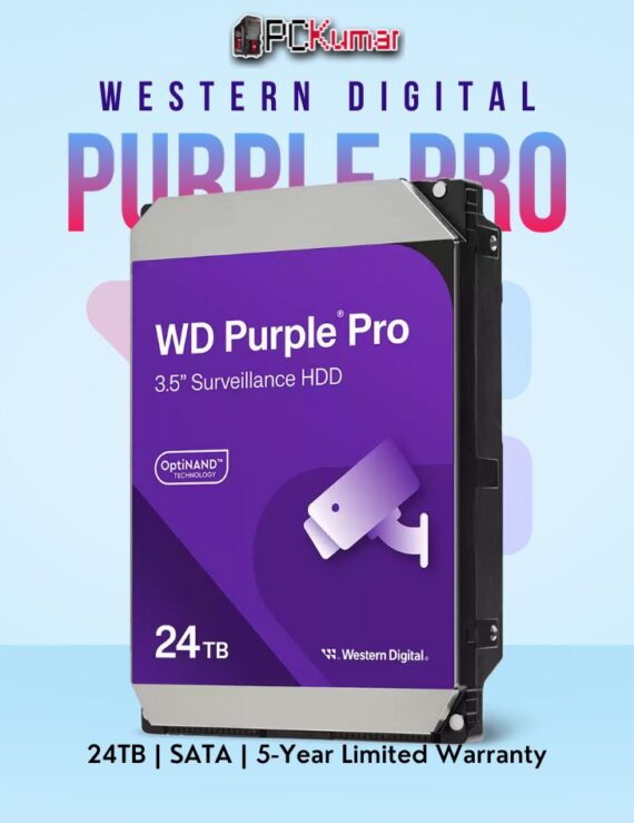 WD Purple Pro 24 TB Surveillance HDD with AI-driven capabilities and SATA connectivity.