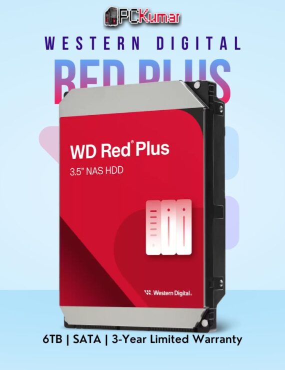 WD Red Plus 6 TB NAS HDD with RAID support and SATA connectivity.