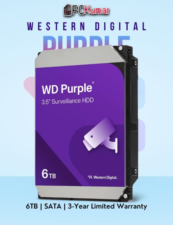 WD Purple 6 TB Surveillance HDD with SATA for high-capacity video storage.