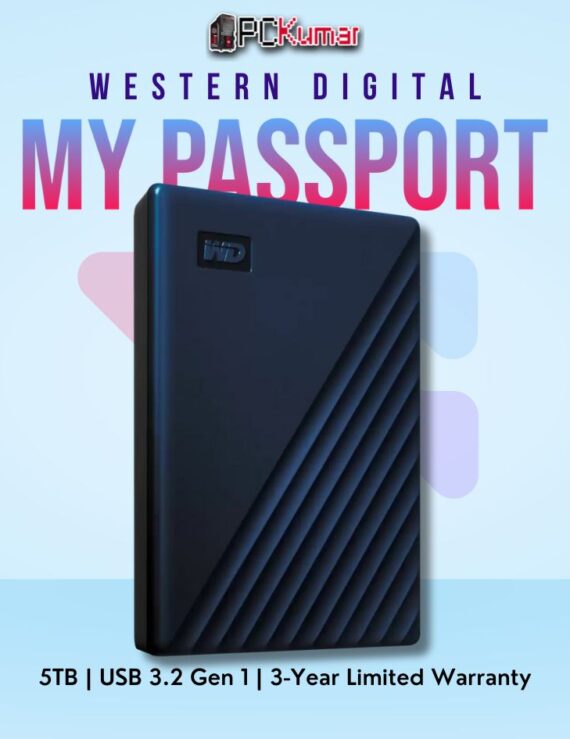 WD My Passport for Mac 5 TB Blue Portable HDD with USB 3.0 connectivity.