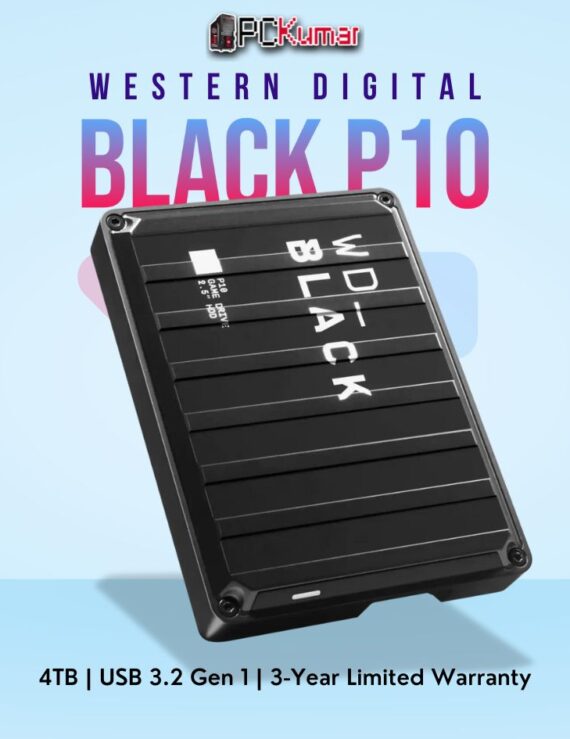 WD_BLACK P10 4 TB Game Drive in Black with USB 3.2 for portable gaming storage.