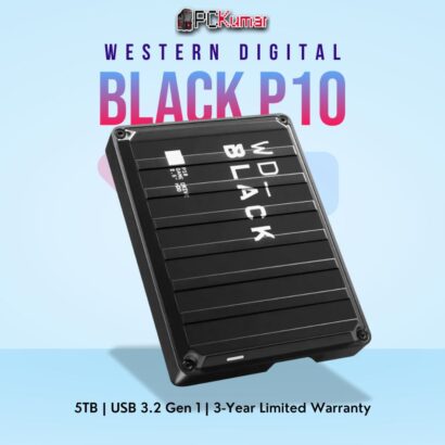 WD_BLACK P10 5 TB Game Drive in Black with USB 3.2 for high-speed gaming storage.