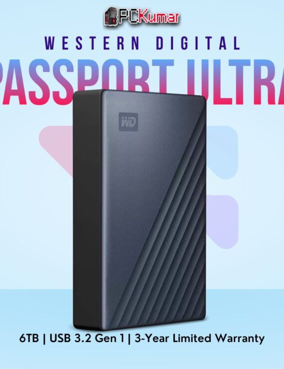 WD My Passport Ultra 6 TB Blue HDD with USB 3.0 connectivity.