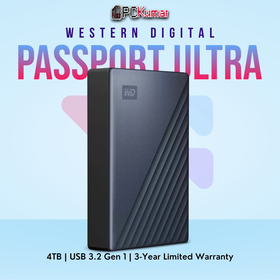 WD My Passport Ultra 4 TB Blue Portable HDD with fast USB 3.0 connectivity.