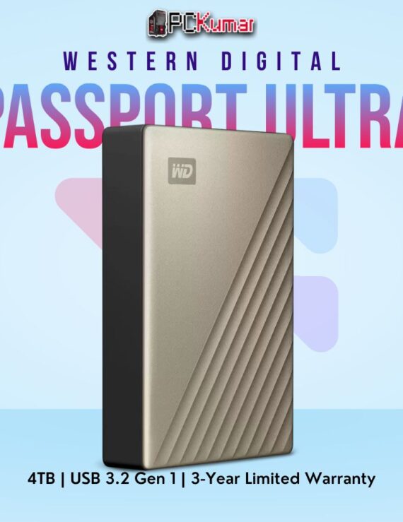 WD My Passport Ultra 4 TB Gold Portable HDD with USB 3.0 connectivity.