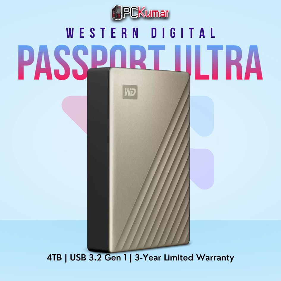 WD My Passport Ultra 4 TB Gold Portable HDD with USB 3.0 connectivity.