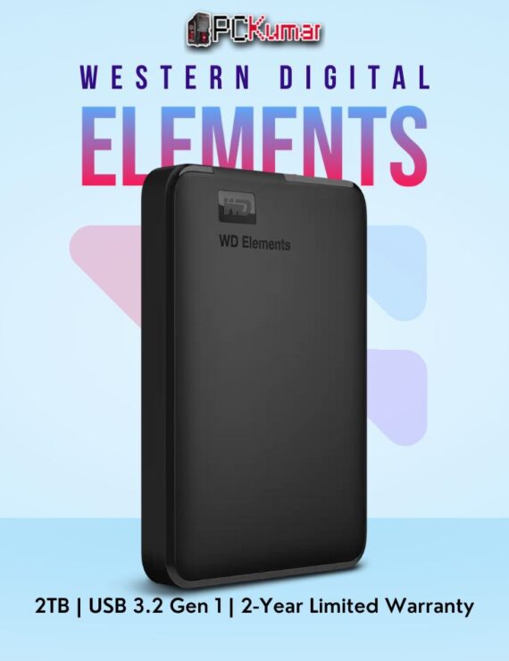 WD Elements Portable 2 TB HDD with USB 3.0, lightweight black design.