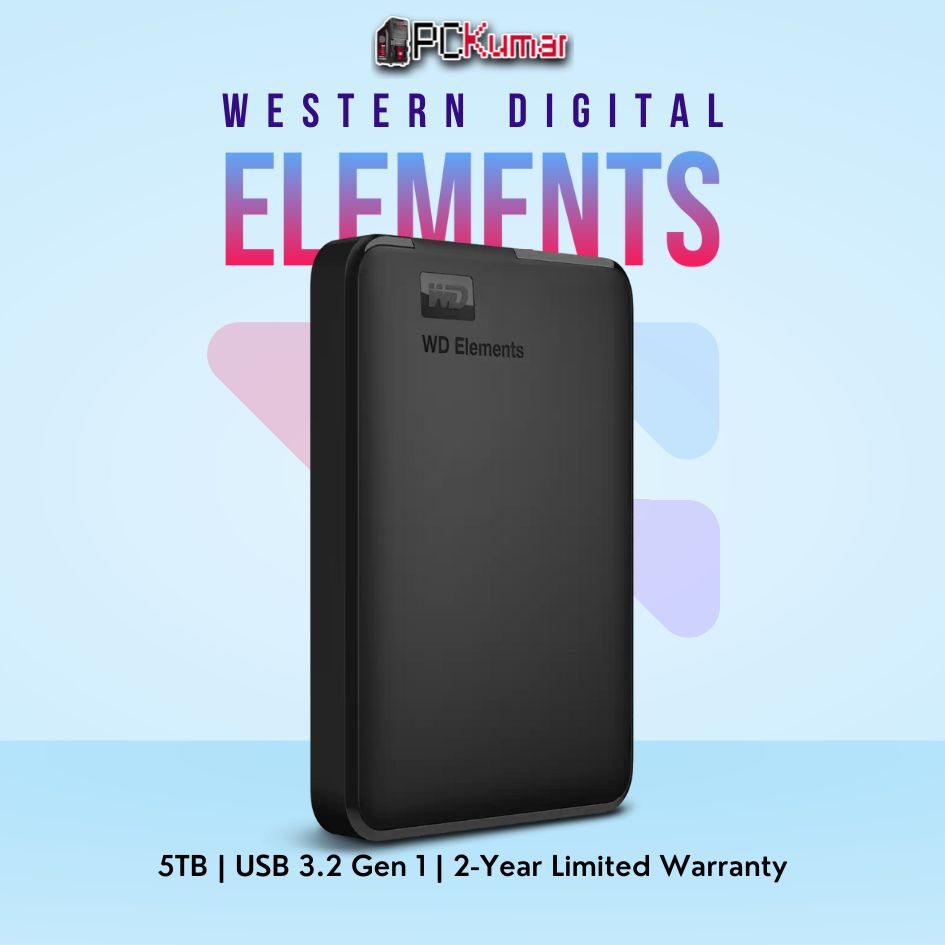 WD Elements Portable 5 TB HDD in black with USB 3.0 for fast and reliable storage.