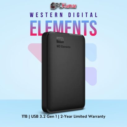WD Elements Portable 1 TB External HDD in black with USB 3.0 for fast data transfer.
