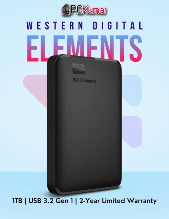 WD Elements Portable 1 TB External HDD in black with USB 3.0 for fast data transfer.