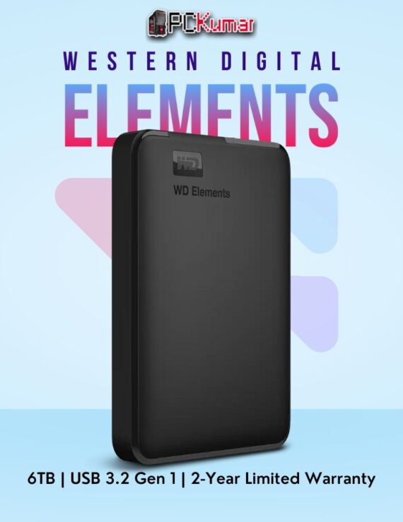 WD Elements Portable 6 TB External HDD in black with USB 3.0 interface.
