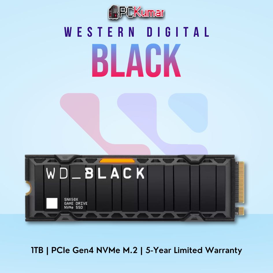 WD Black SN850X PCIe Gen4 1 TB NVMe SSD with Heatsink for gaming.